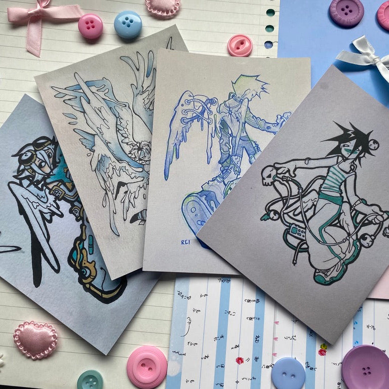 wings and wires postcard set of original illustrative style prints