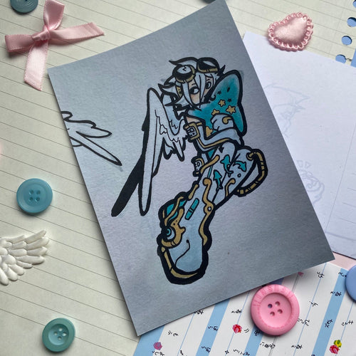 cyber angel with folded wings hugging a shark