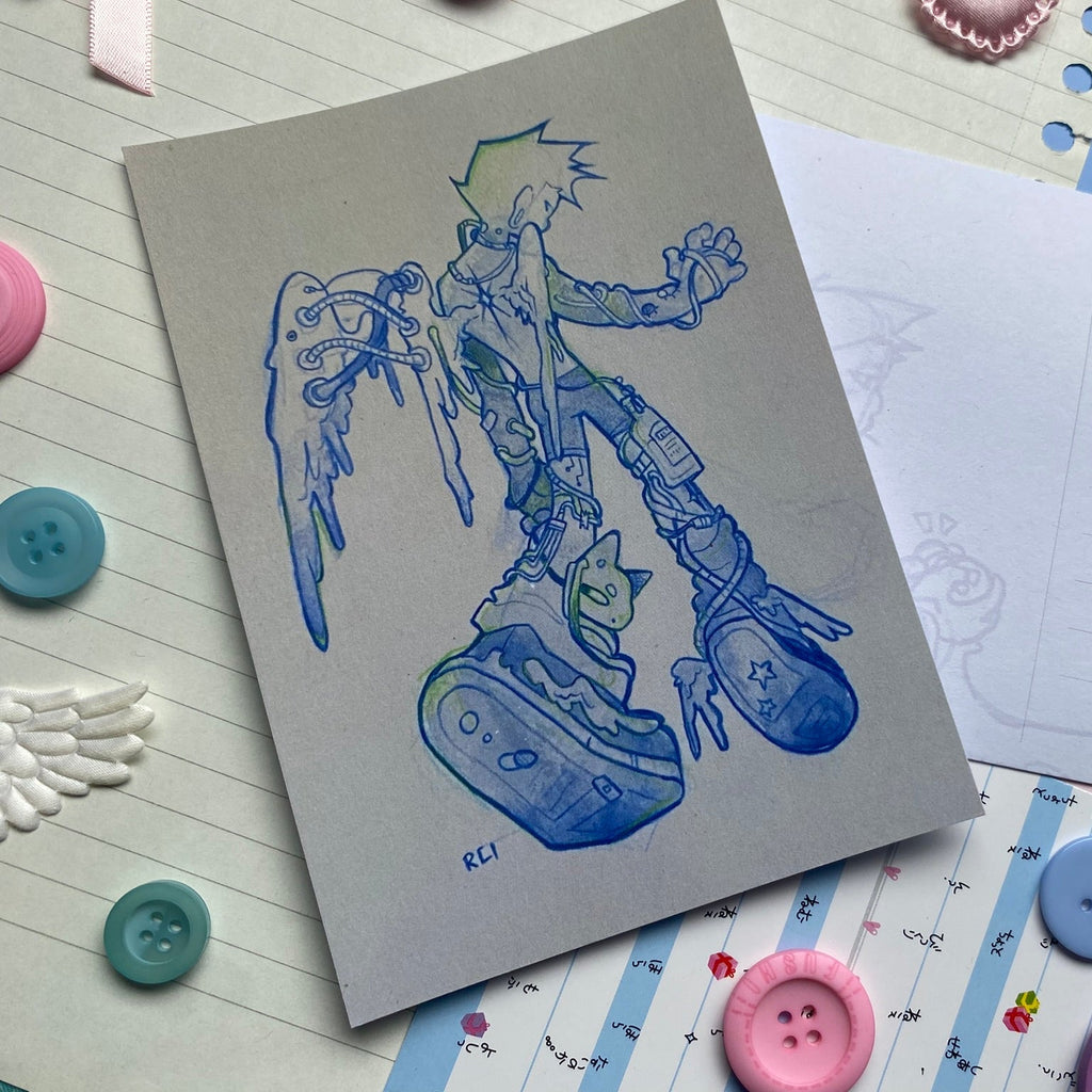 Winged Lidia walking away in blue water colour illustration