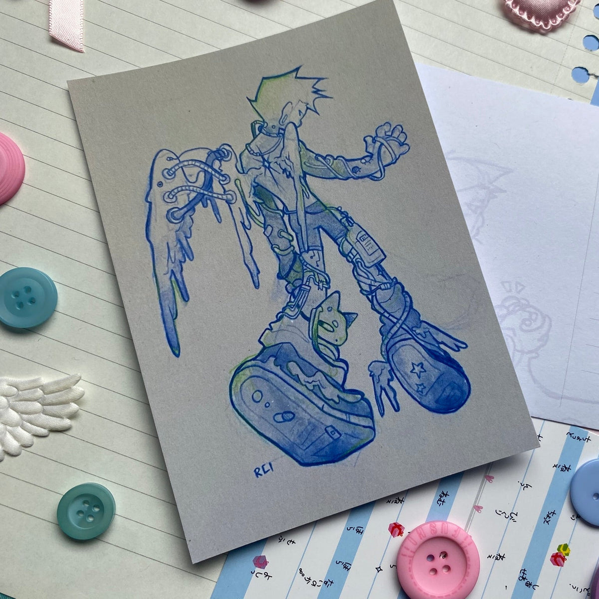 Winged Lidia walking away in blue water colour illustration
