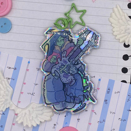 Alien girl holo backing keychain