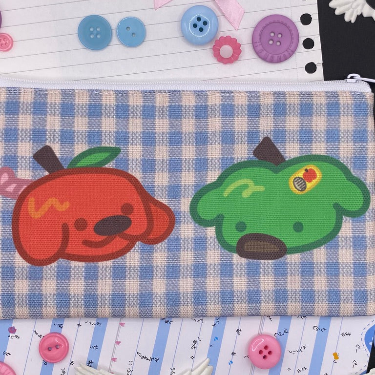 red and green apple dog on blue check zip pouch