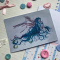 Blue fairy with flowing hair and purple wings hugging their knees