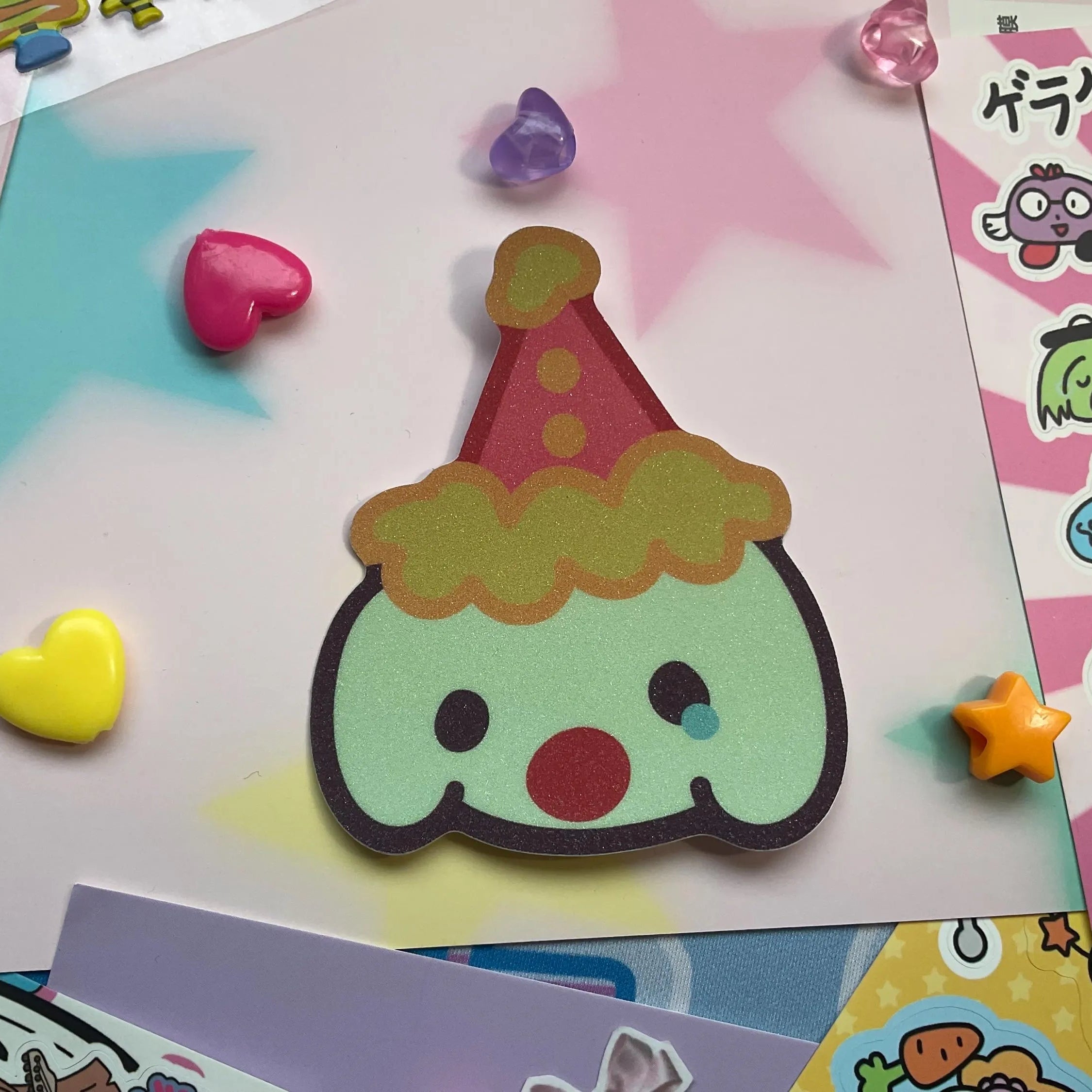 clown dog head shaped sticker with clown head, tear and red nose