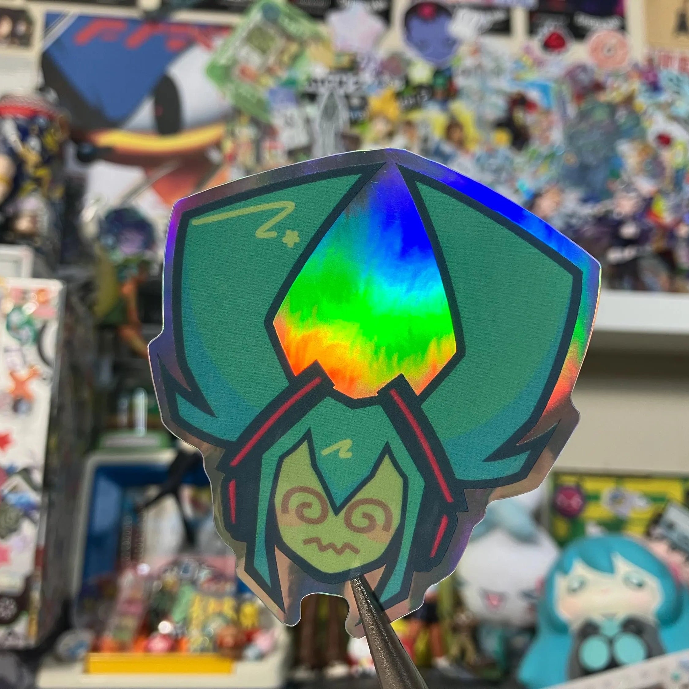 Cyber singer head shape green hair holographic sticker