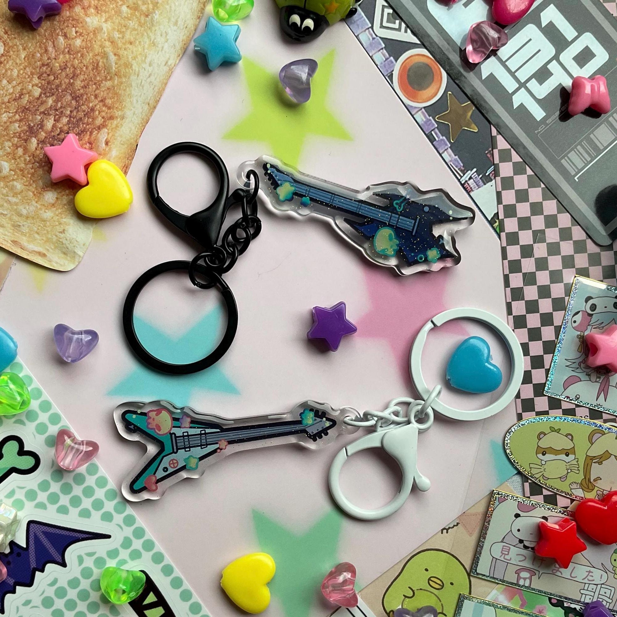 black and blue guitar key chains