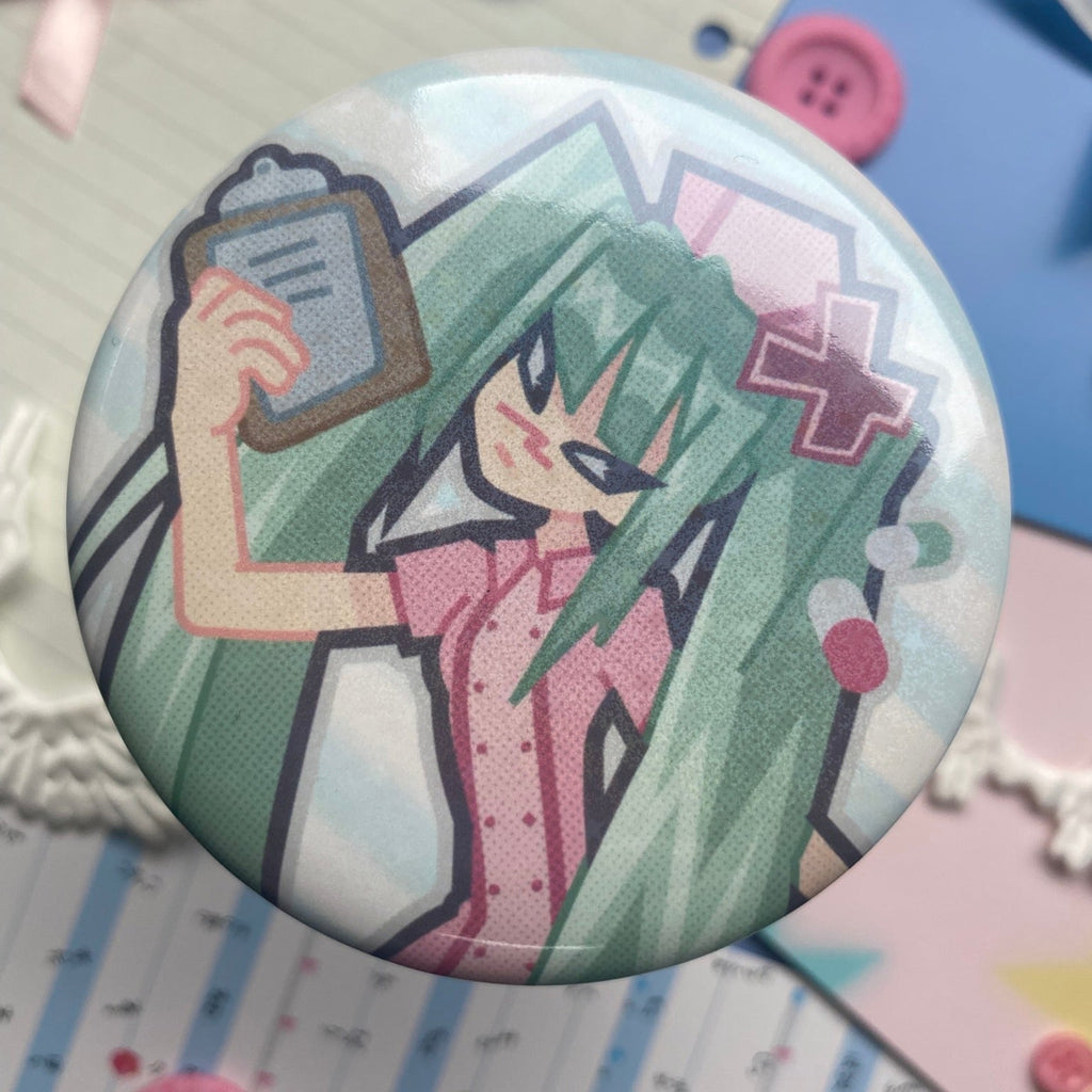 large shiny round button badge with turquoise pony tailed nurse character