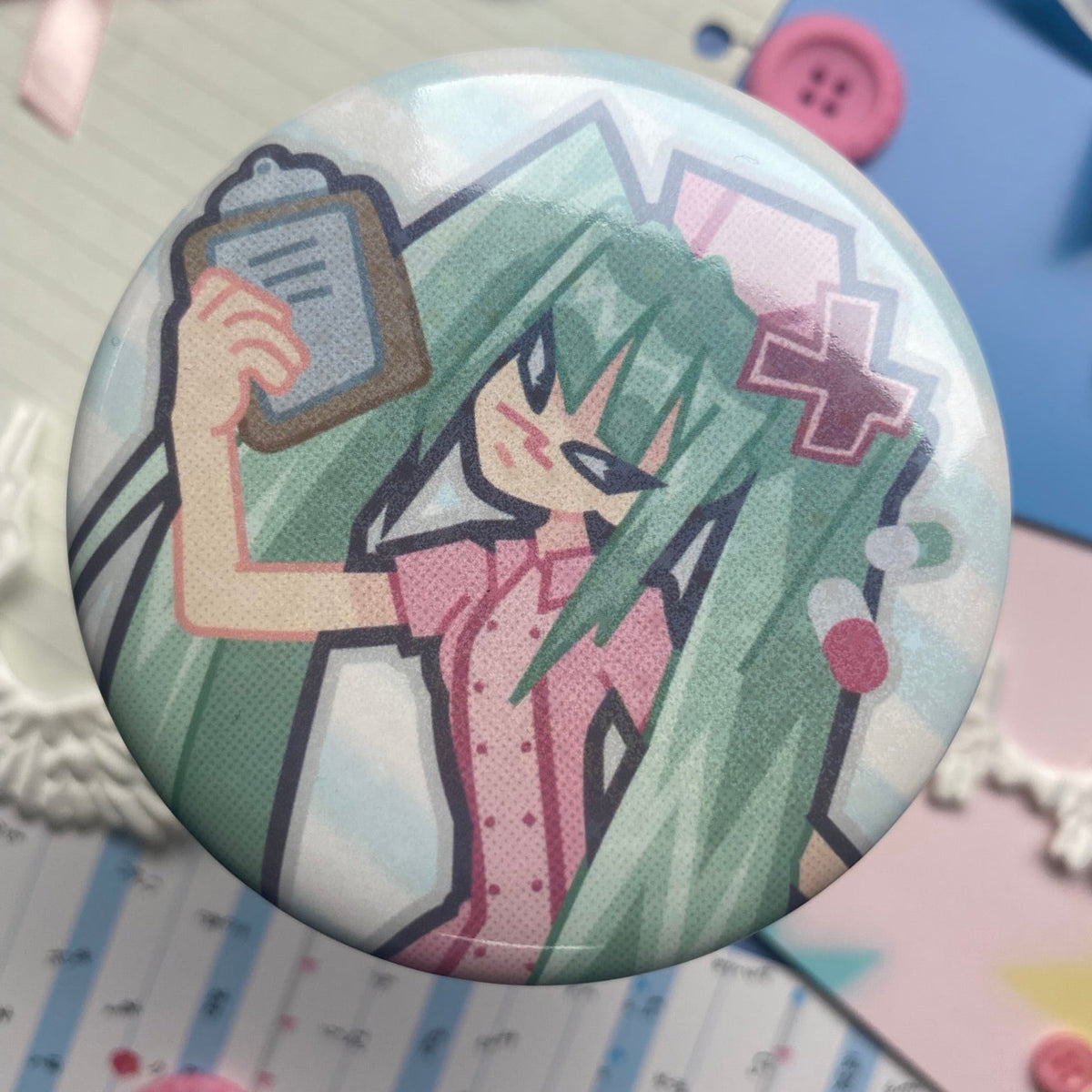 large shiny round button badge with turquoise pony tailed nurse character