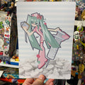 Art print of pink nurse singer with giant injection and clipboard and turquoise pony tail hair