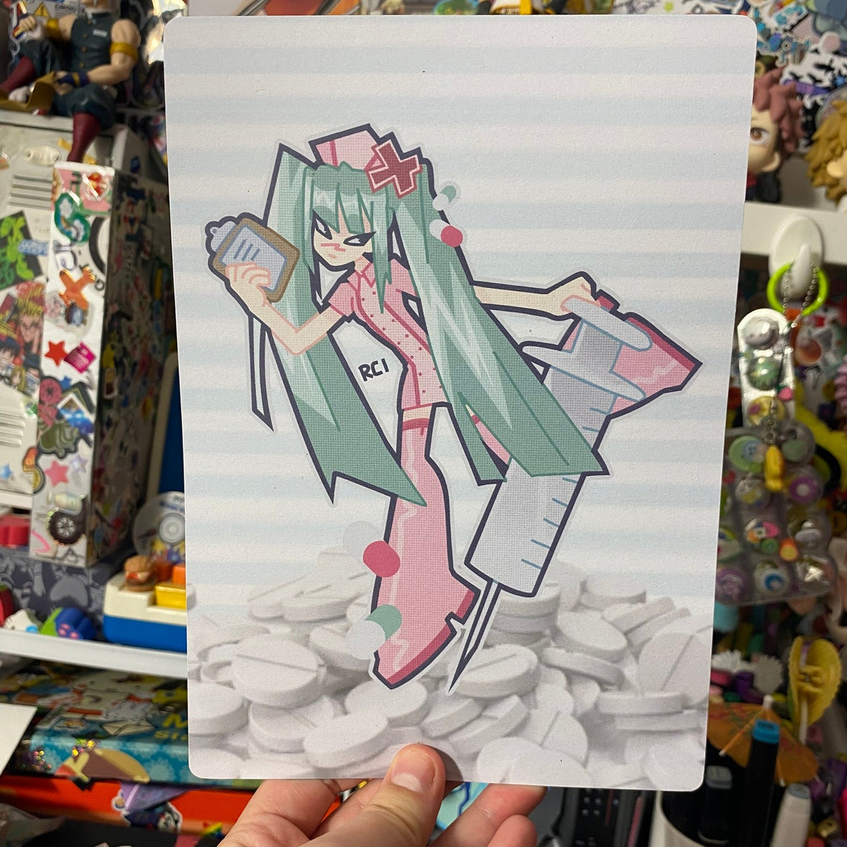 Art print of pink nurse singer with giant injection and clipboard and turquoise pony tail hair