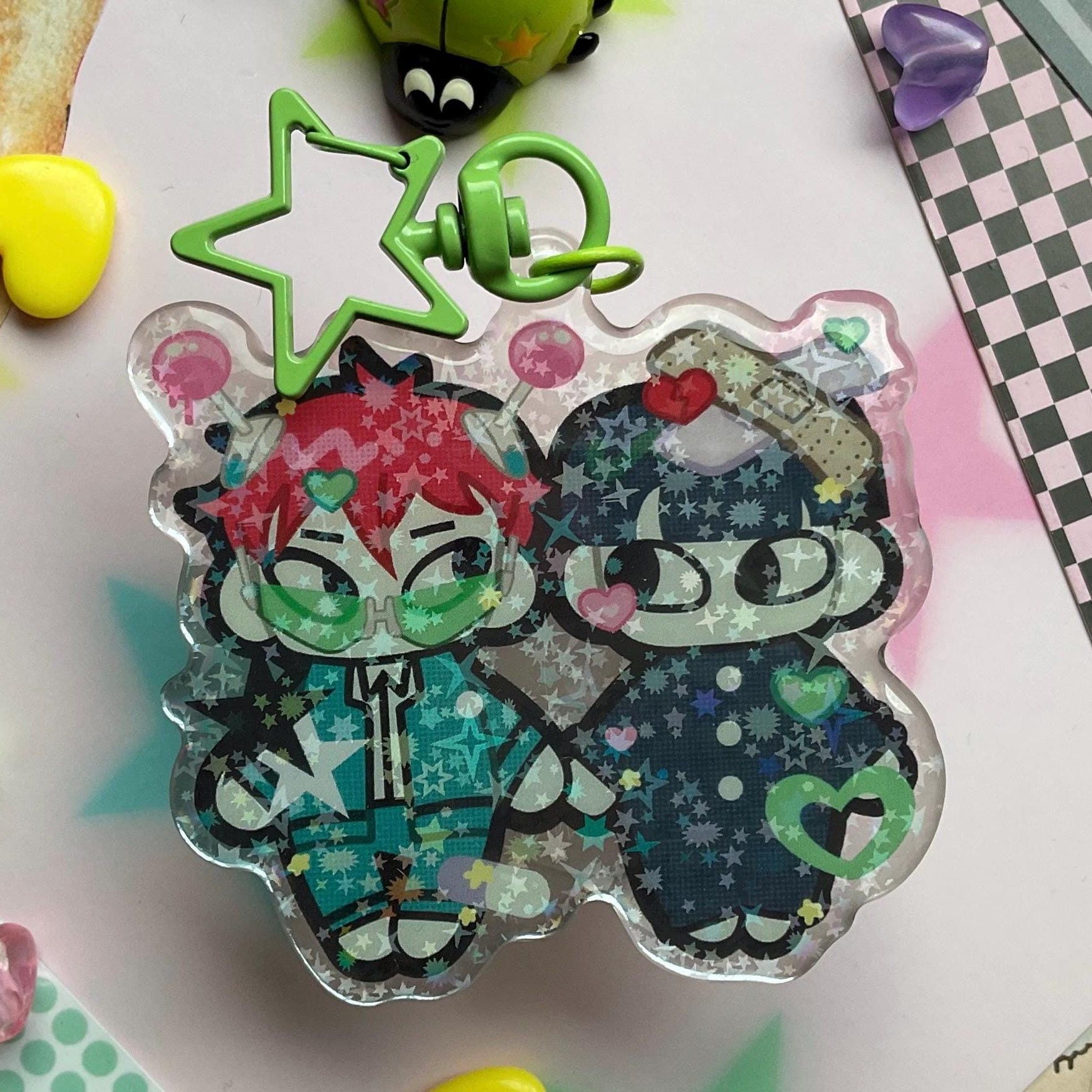 psychic buddies holo star keychain with green clip