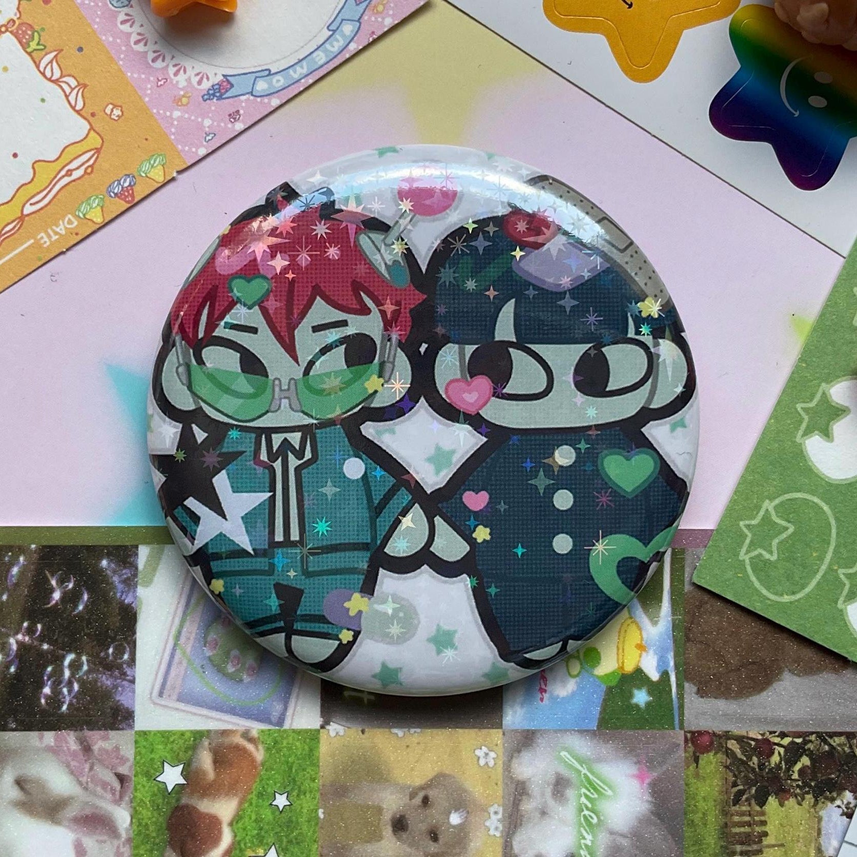 Large pin badge with psychic buddies and holo plastic coating