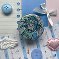 retro whimsey face of character with blue green hair and retro style