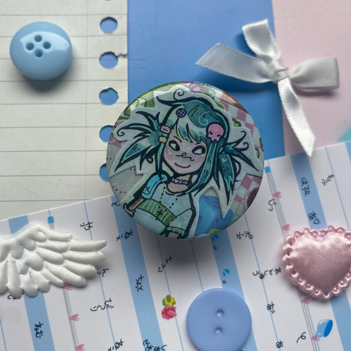 retro whimsey face of character with blue green hair and retro style