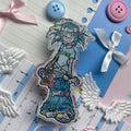 cute retro whimsey craft paper sticker character with turquoise pony tails