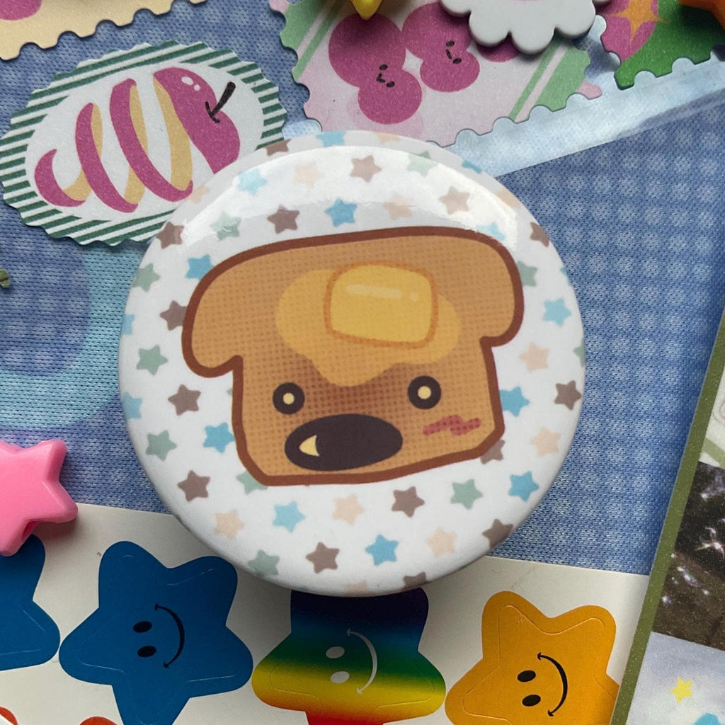brown dog shaped toast on a round badge