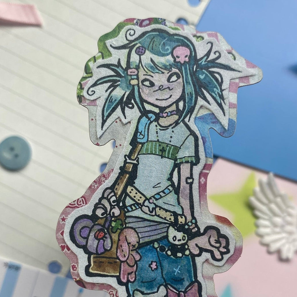 cute retro whimsey craft paper sticker character with turquoise pony tails