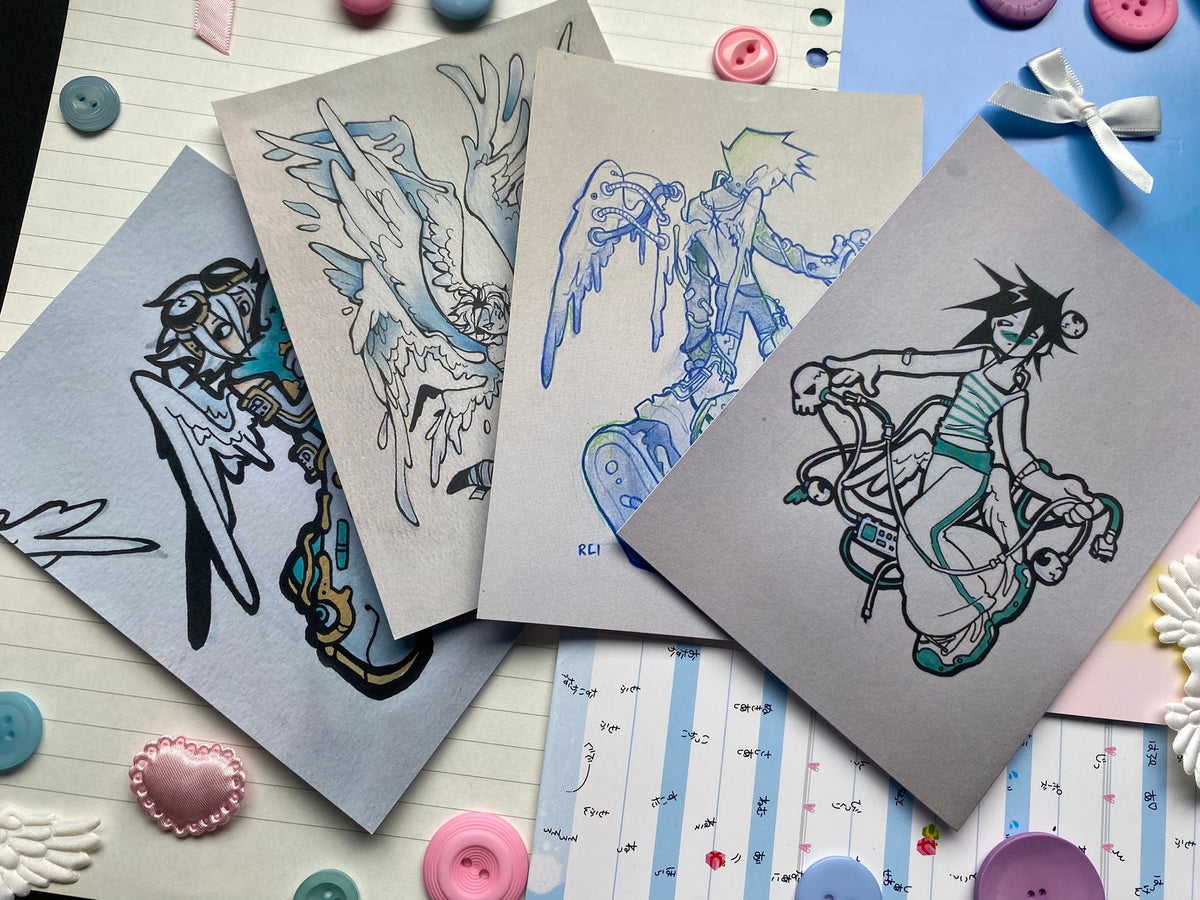 set of 4 postcards of winged characters